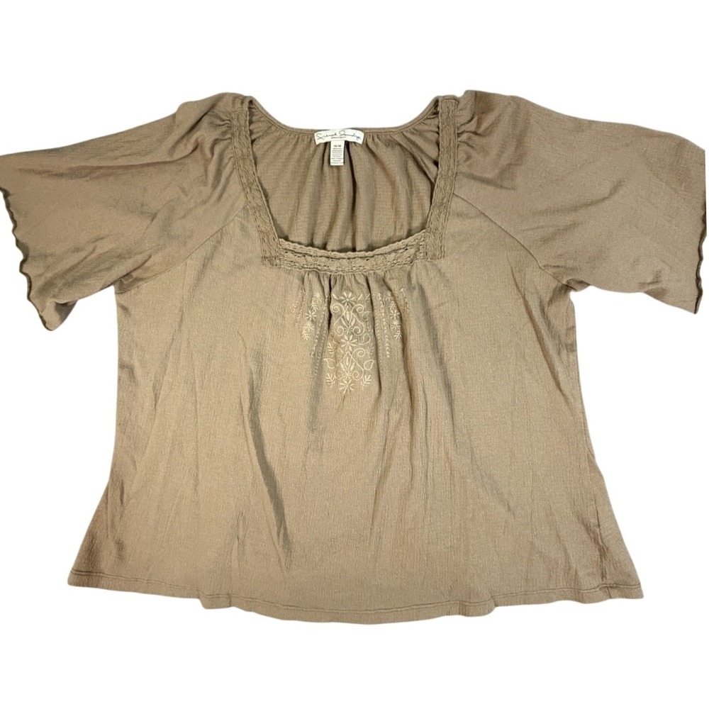 Brown Embroidered Women's 14/16 Square Neck Boho Peasant Top Plus Size 14 16